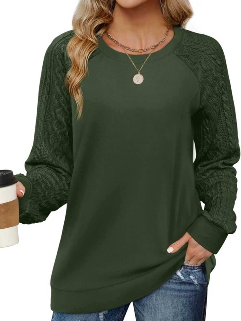 Amazon Women’s Dark Green Cable Knit Raglan Sleeve Crewneck Sweater